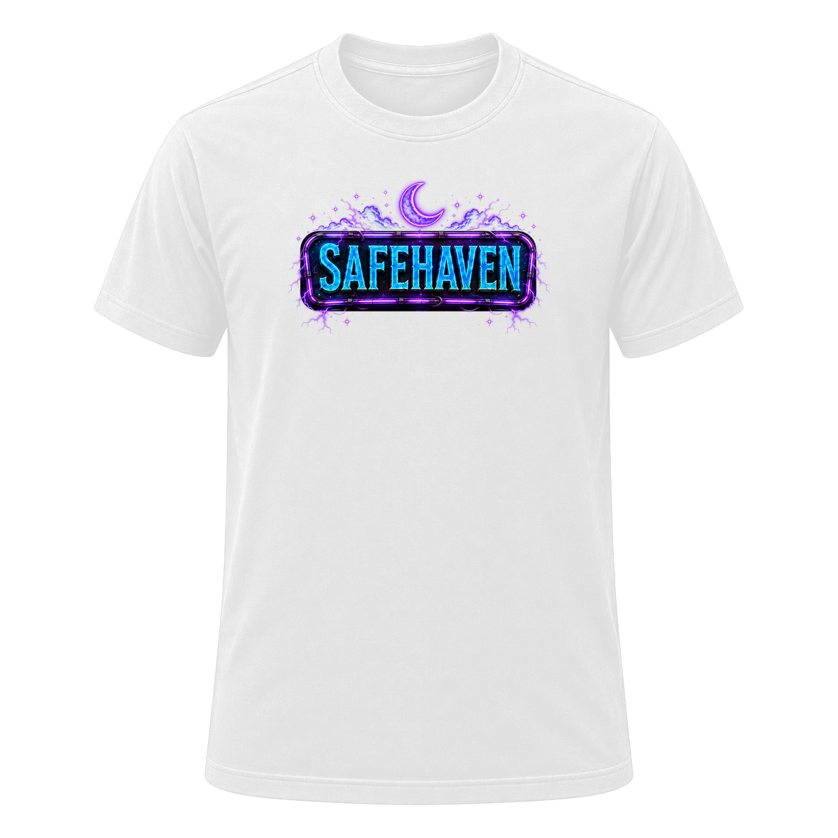 Front of the WHITE SafeHaven Midnight Society tee — the neon SAFEHAVEN sign printed across the chest, with a crescent moon above.