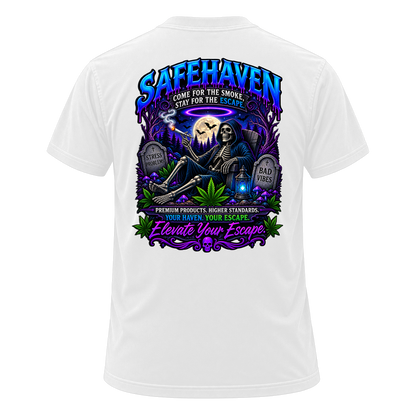 Back of the WHITE SafeHaven Halloween tee — the same Reaper graveyard print, on white: a hooded skeleton resting against a headstone under a full moon, graves marked Stress Problems and Bad Vibes, above the line Elevate Your Escape.