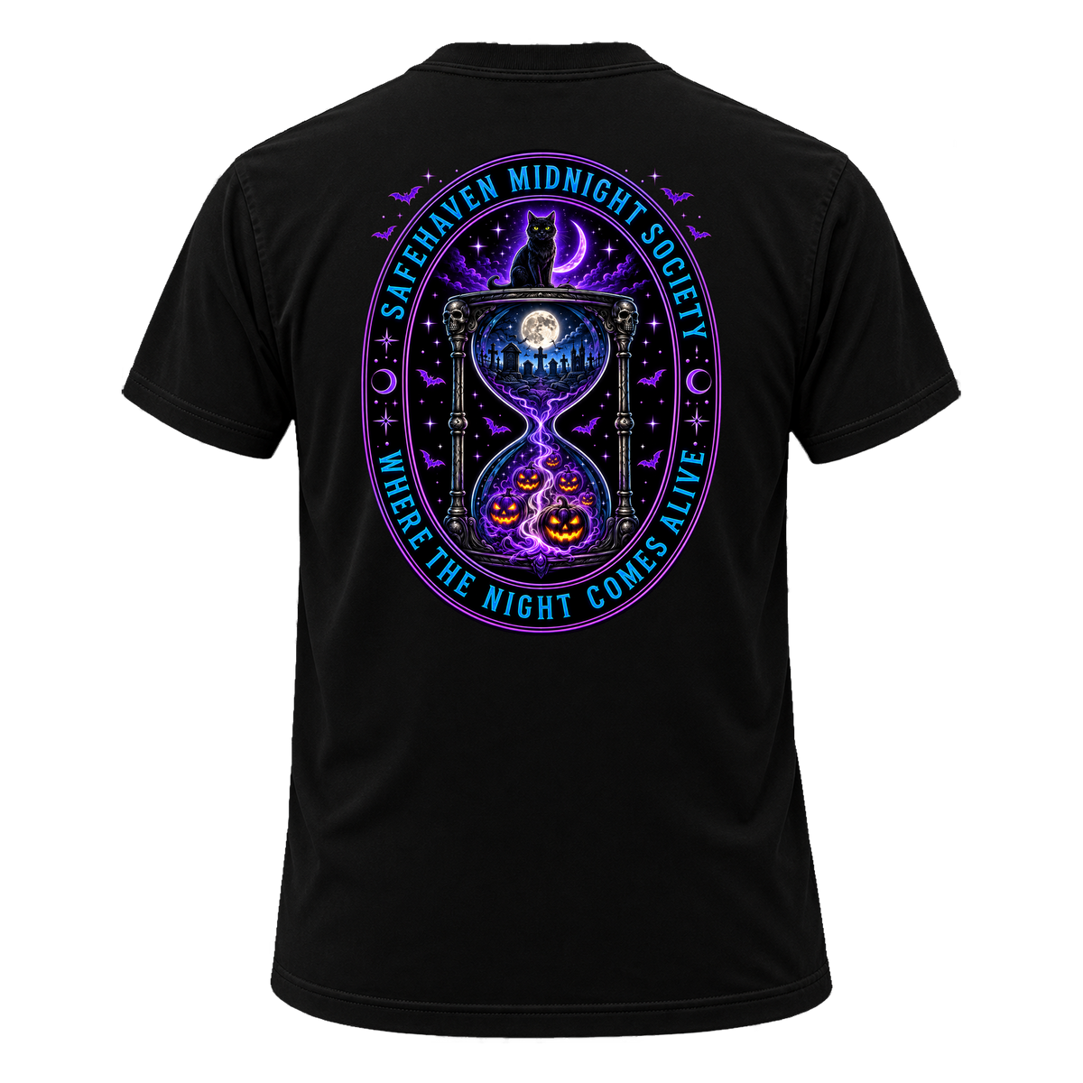 Back of the black SafeHaven Midnight Society tee — a large oval medallion in blue and purple neon, reading SAFEHAVEN MIDNIGHT SOCIETY around the top and WHERE THE NIGHT COMES ALIVE around the bottom. Inside, a black cat sits on an hourglass beneath a crescent moon; the upper bulb holds a moonlit graveyard and the lower one glowing jack-o-lanterns, with skulls on the hourglass posts and bats and moon phases around the border.