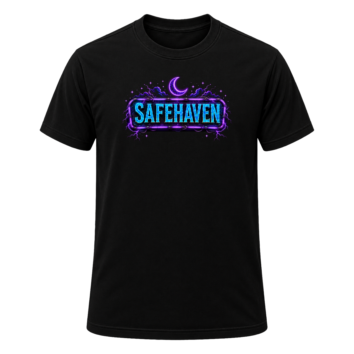 Front of the black SafeHaven Midnight Society tee — a full-chest print of a neon SAFEHAVEN sign in electric blue letters inside a purple neon tube frame, with a crescent moon and purple lightning above.