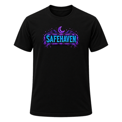 Front of the black SafeHaven Midnight Society tee — a full-chest print of a neon SAFEHAVEN sign in electric blue letters inside a purple neon tube frame, with a crescent moon and purple lightning above.