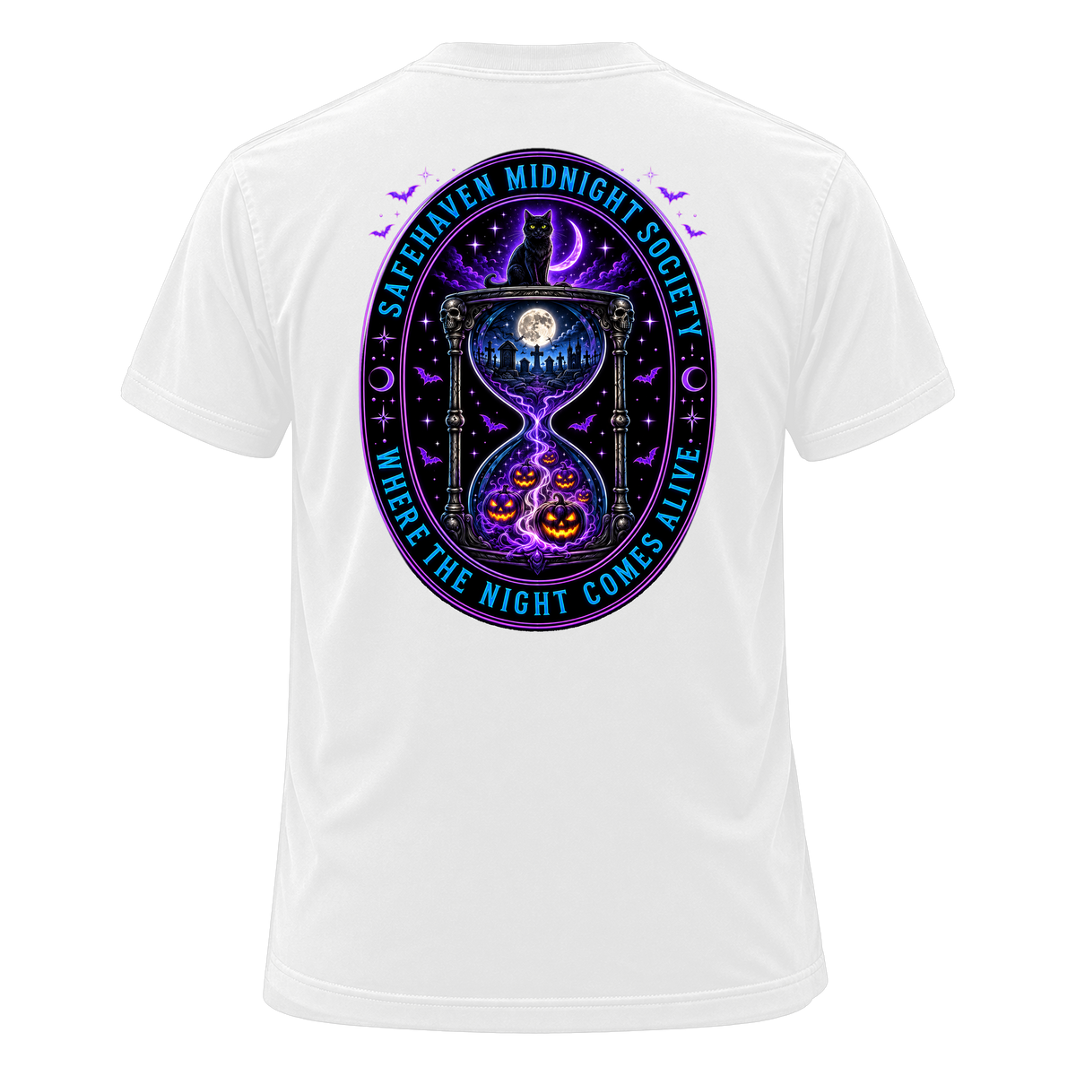 Back of the WHITE SafeHaven Midnight Society tee — the same oval medallion on white: a black cat on an hourglass under a crescent moon, moonlit graveyard above and lit jack-o-lanterns below, reading SAFEHAVEN MIDNIGHT SOCIETY and WHERE THE NIGHT COMES ALIVE.