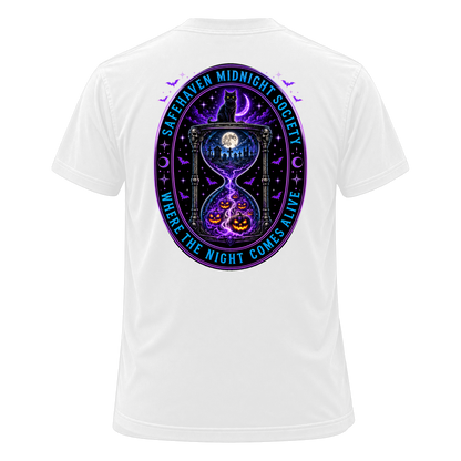 Back of the WHITE SafeHaven Midnight Society tee — the same oval medallion on white: a black cat on an hourglass under a crescent moon, moonlit graveyard above and lit jack-o-lanterns below, reading SAFEHAVEN MIDNIGHT SOCIETY and WHERE THE NIGHT COMES ALIVE.