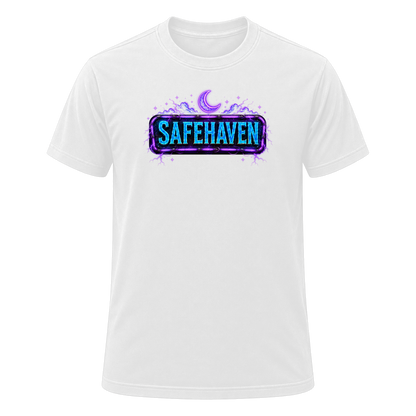 Front of the WHITE SafeHaven Midnight Society tee — the neon SAFEHAVEN sign printed across the chest, with a crescent moon above.