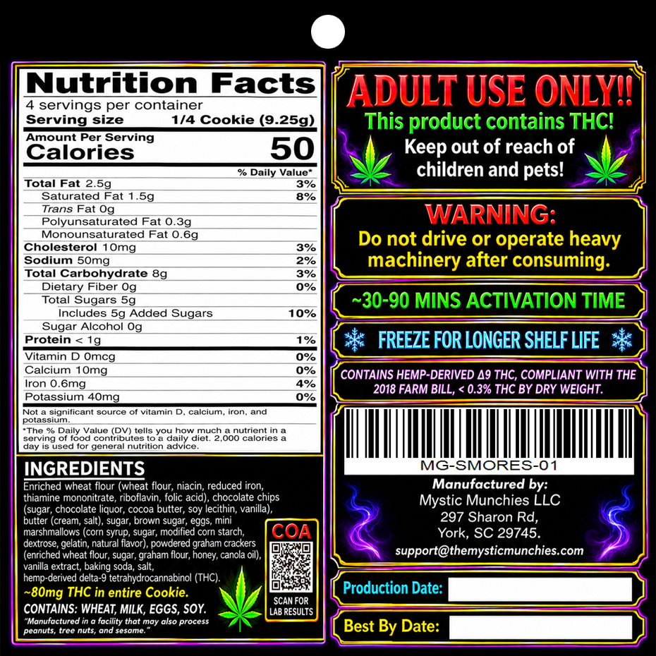 Back of the Mystic Munchies S'mores Cookies label — Nutrition Facts, full ingredient list, allergen statement (wheat, milk, eggs, soy), Adult Use Only and do-not-drive warnings, 30–90 minute activation time, hemp-derived Δ9 THC 2018 Farm Bill statement, COA QR code and barcode MG-SMORES-01.