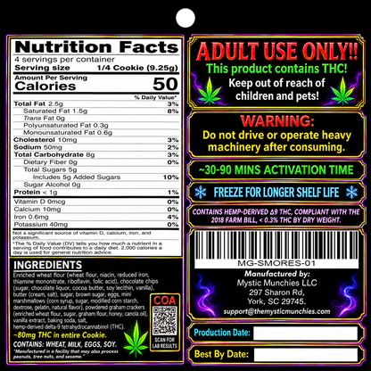 Back of the Mystic Munchies S'mores Cookies label — Nutrition Facts, full ingredient list, allergen statement (wheat, milk, eggs, soy), Adult Use Only and do-not-drive warnings, 30–90 minute activation time, hemp-derived Δ9 THC 2018 Farm Bill statement, COA QR code and barcode MG-SMORES-01.