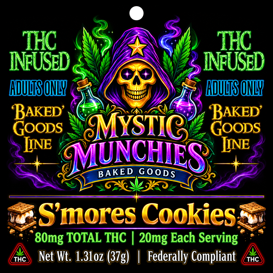 Front of the Mystic Munchies Baked Goods S'mores Cookies package label — THC Infused, Adults Only, 80mg total THC, 20mg each serving, net wt 1.31oz (37g), Federally Compliant.