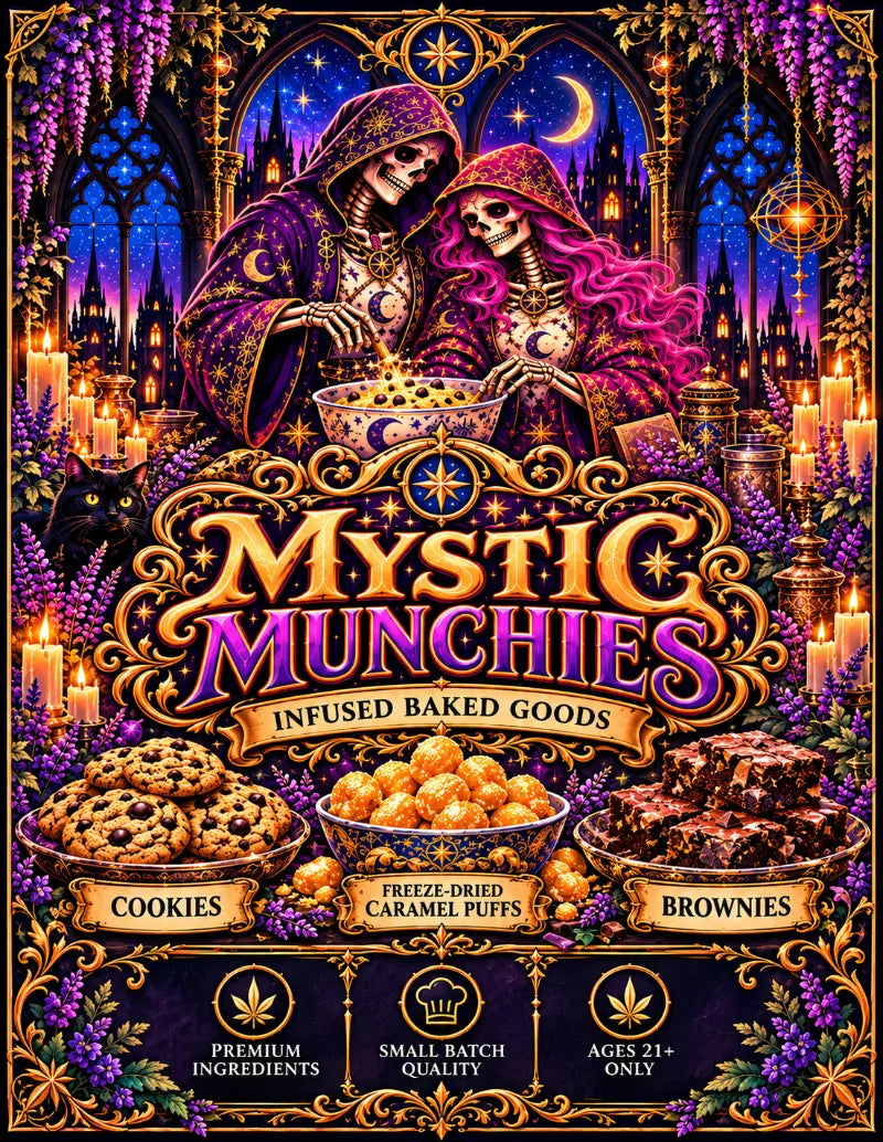 Mystic Munchies: Infused Baked Goods. Cookies, freeze-dried caramel puffs, brownies. Ages 21+ only.